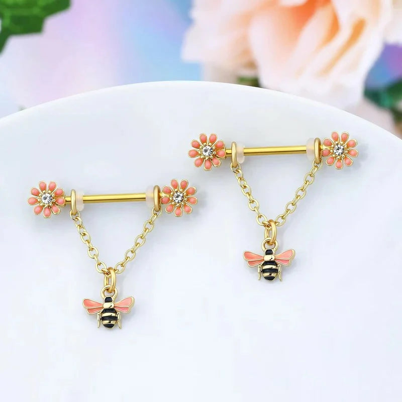 Chain Nipple Shield Rings - Dainty Bee Nipple Piercing Barbells 14G Dangle Rings