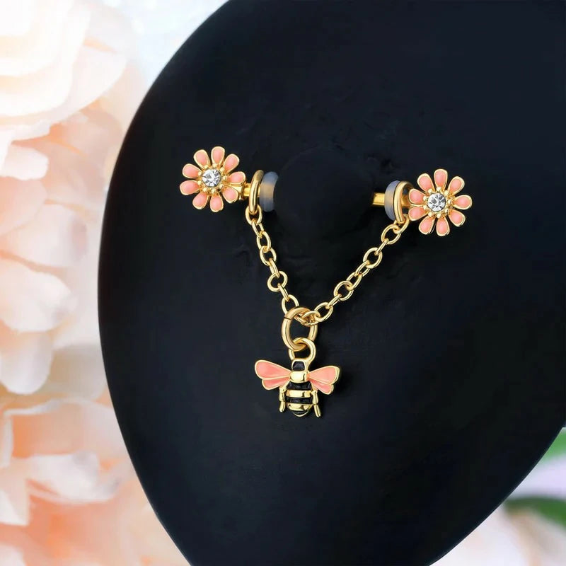 Chain Nipple Shield Rings Dainty Bee Nipple Piercing Barbells 14G Dangle Rings