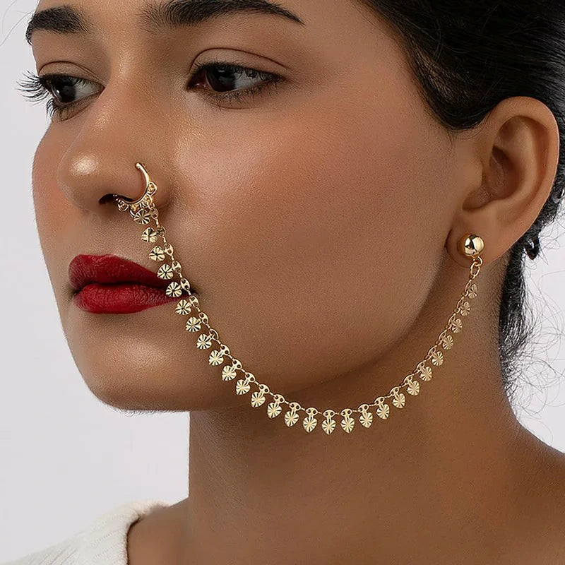 Punk Tassel Chain Nose Ring Vintage Sequins Clip On Nose Ring Gold Cuff Hoop