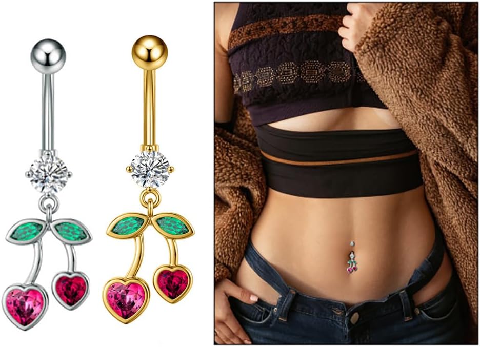 Cherry Dangle Belly Button Rings for Women 14G Stainless Steel Fruit Belly Navel Rings Internally Threaded Belly Barbell Dangling Belly Piercing Jewelry - 我的商店我的商店我的商店