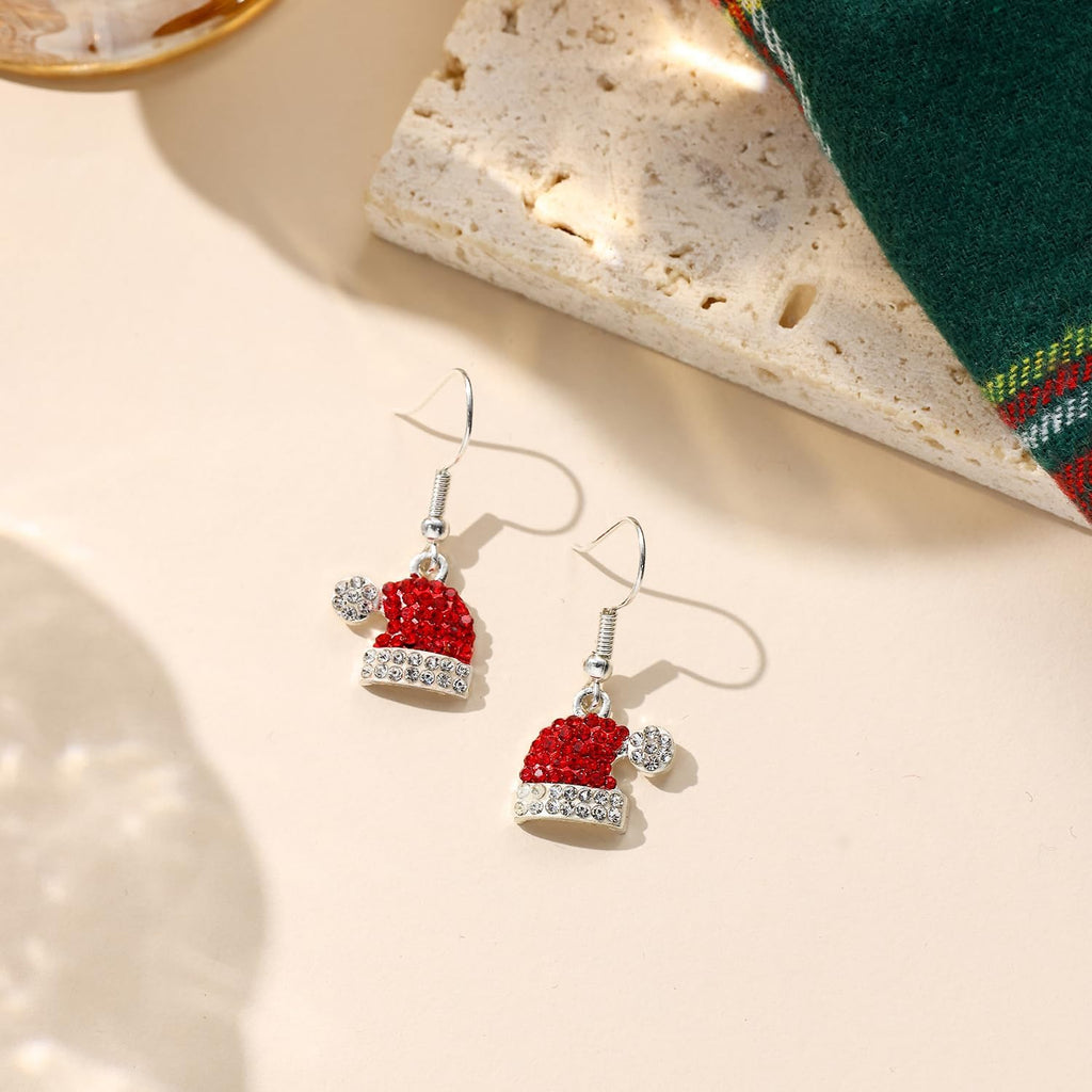 Christmas Gift Rhinestone Elk Stud Earrings for Women Red Crystal Santa Hat Dangle Earrings Necklace Set - 我的商店我的商店我的商店