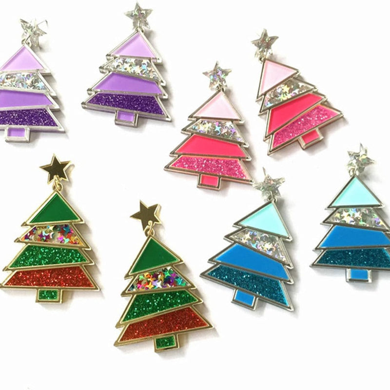 Christmas Sparkling Tree Drop Dangle Colorful Acrylic Earrings Glitter Stars Xmas Party Accessory Holiday Festival Statement Cute Sweet Jewelry Gifts for Women - 我的商店我的商店我的商店
