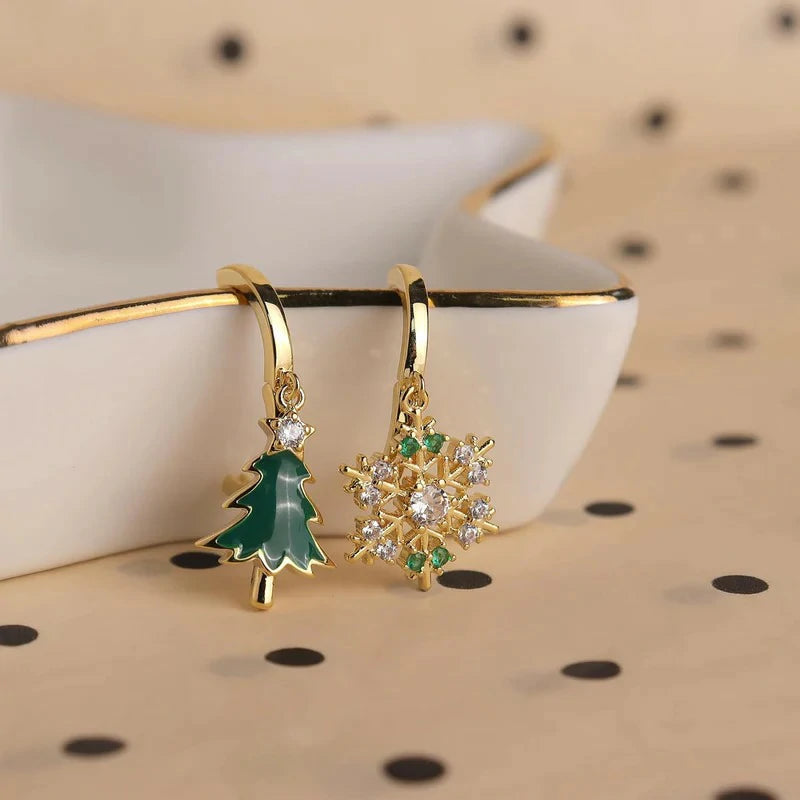 Christmas Tree Snowflake Dangle Drop Small Gold Hoop Earrings Cute Green CZ Rhinestone Snow Xmas