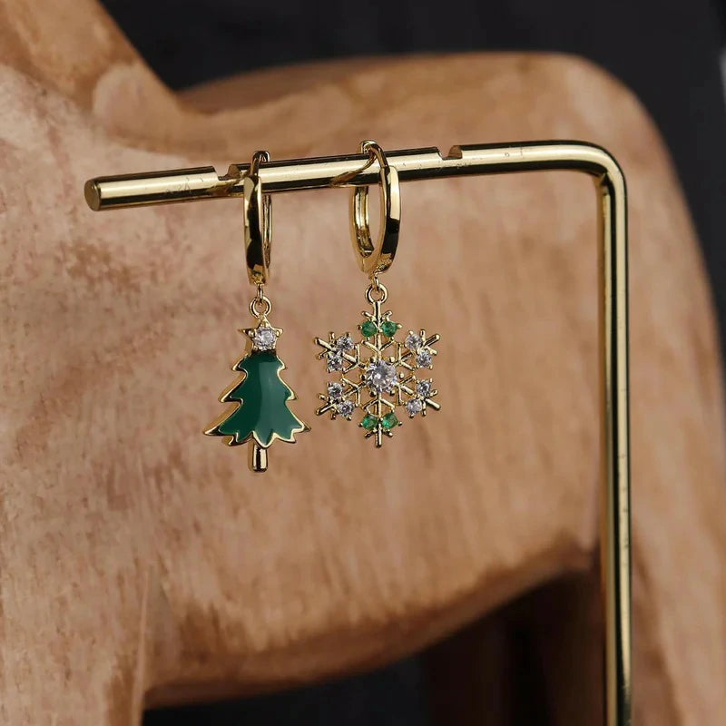 Christmas Tree Snowflake Dangle Drop Small Gold Hoop Earrings Cute Green CZ Rhinestone Snow Xmas