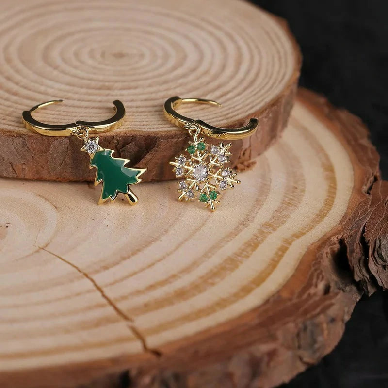 Christmas Tree Snowflake Dangle Drop Small Gold Hoop Earrings Cute Green CZ Rhinestone Snow Xmas