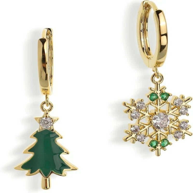 Christmas Tree Snowflake Dangle Drop Small Gold Hoop Earrings Cute Green CZ Rhinestone Snow Xmas