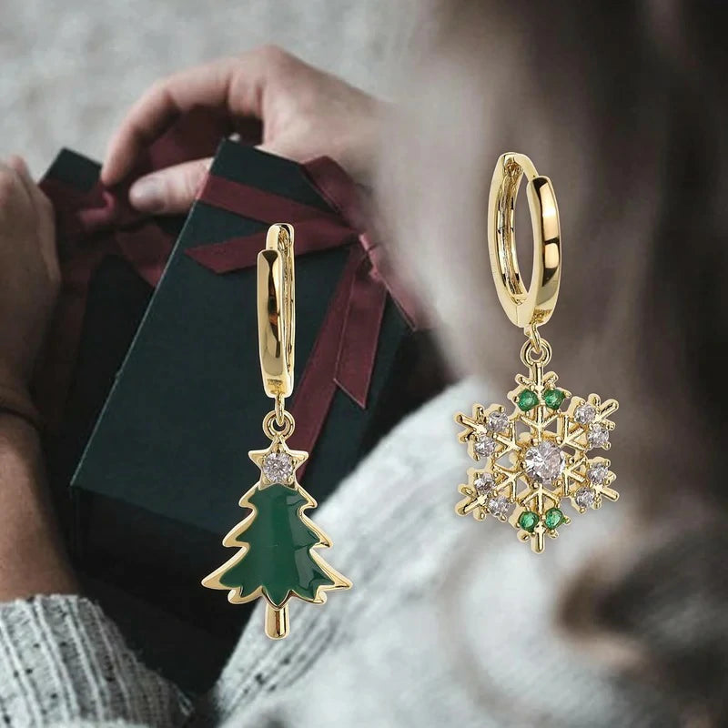 Christmas Tree Snowflake Dangle Drop Small Gold Hoop Earrings Cute Green CZ Rhinestone Snow Xmas