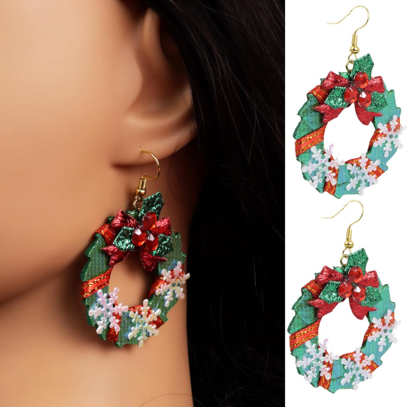 Christmas Wreath Dangle Earrings, Holiday Party Accessory, Festive Jewelry, 1.87 Inches - 我的商店我的商店我的商店