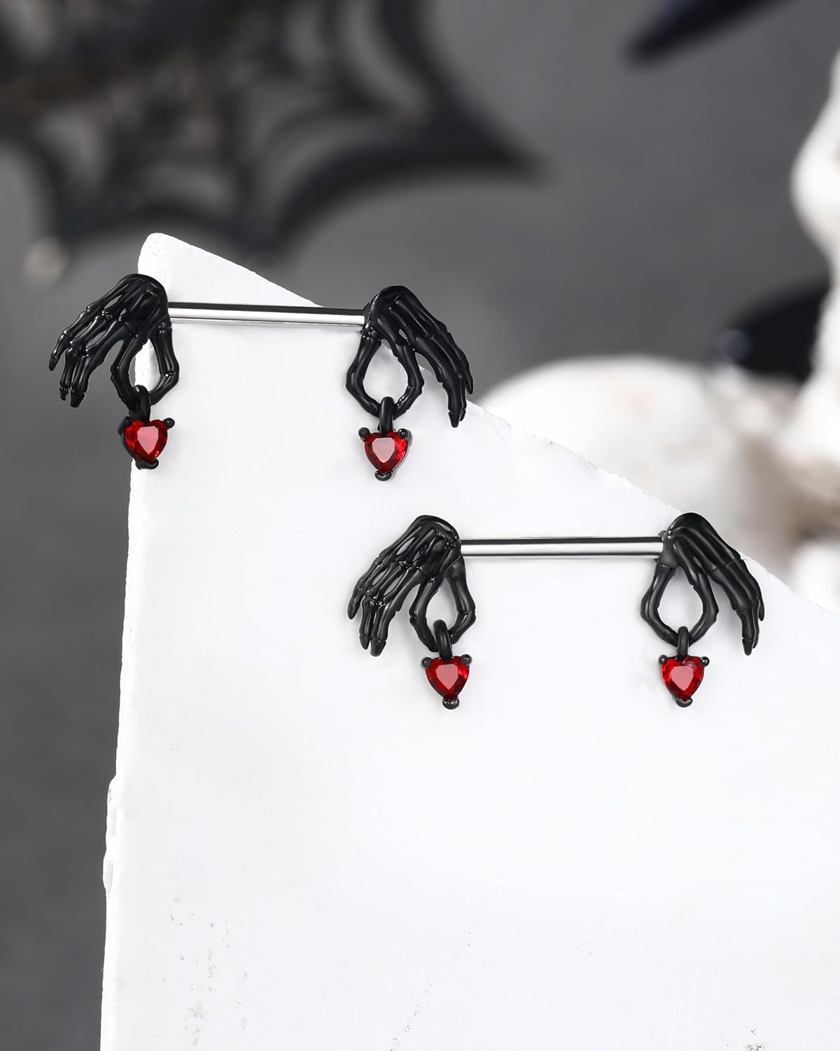 Cocharm 2pcs Halloween Nipple Rings - Black & Red Dangling Skeleton Hand Nipple Rings 14g 14mm/16mm Barbell - QIAO CrystalQIAO CrystalQIAO Crystal