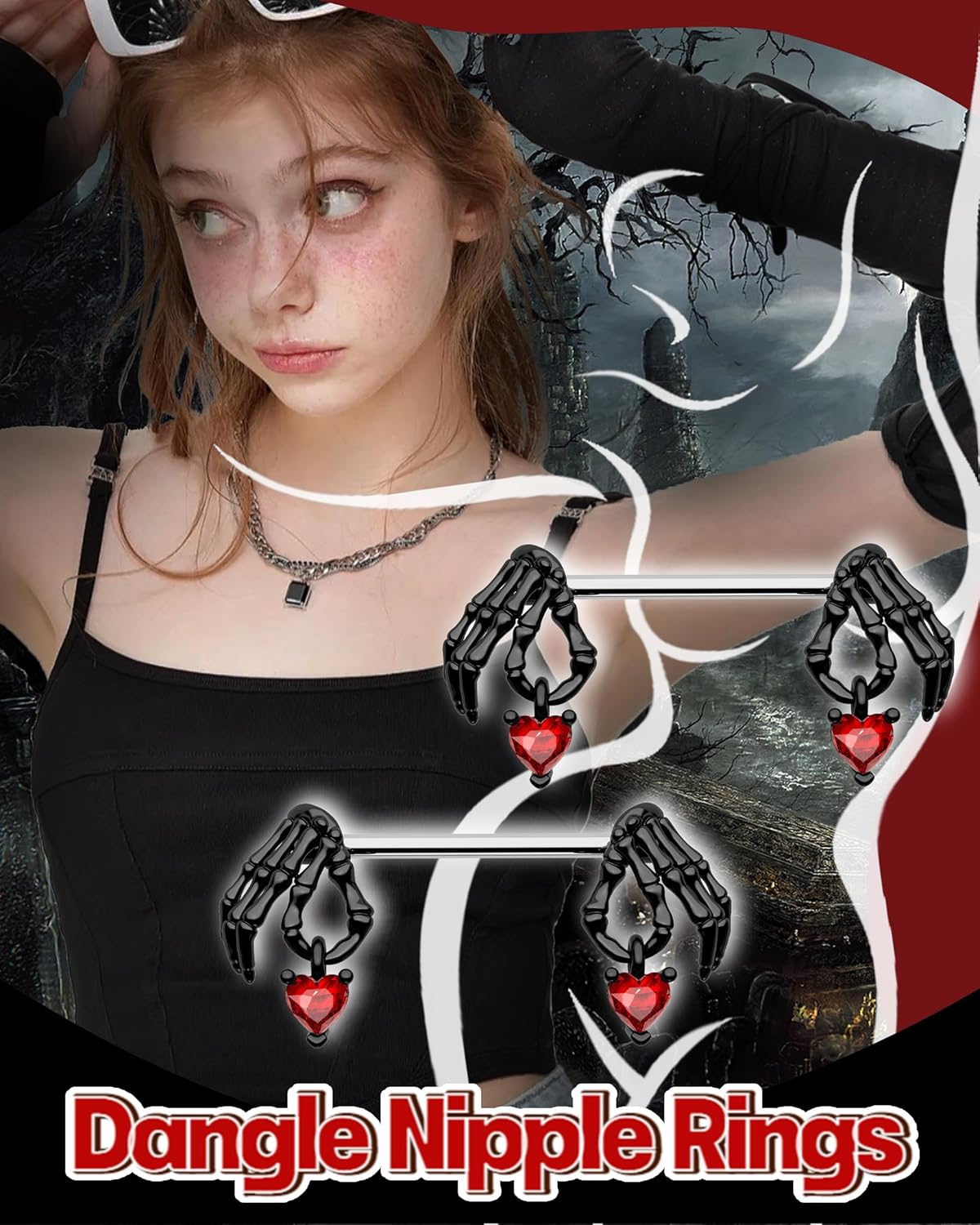 Cocharm 2pcs Halloween Nipple Rings - Black & Red Dangling Skeleton Hand Nipple Rings 14g 14mm/16mm Barbell - QIAO CrystalQIAO CrystalQIAO Crystal