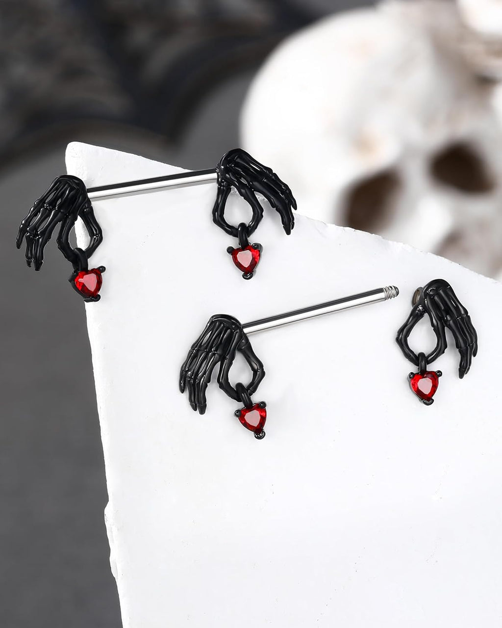Cocharm 2pcs Halloween Nipple Rings - Black & Red Dangling Skeleton Hand Nipple Rings 14g 14mm/16mm Barbell - QIAO CrystalQIAO CrystalQIAO Crystal