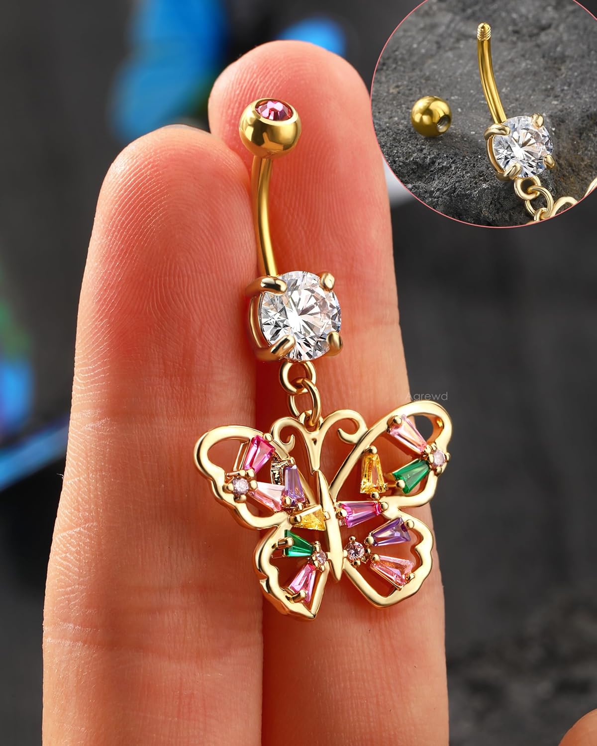Colorful CZ Butterfly Belly Button Rings 14G Belly Navel Rings for Women Stainless Steel Belly Navel Piercing Jewelry - QIAO CrystalQIAO CrystalQIAO Crystal