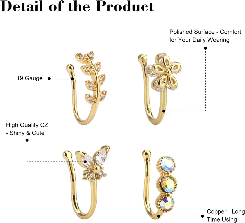 CrazyPiercing Fake Nose Ring CZ African Nose Cuffs Gold/Silver/Rose Gold Faux Septum Nose Rings Clip on Nose Jewelry for Woman Non Pierced Jewelry - QIAO CrystalQIAO CrystalQIAO Crystal