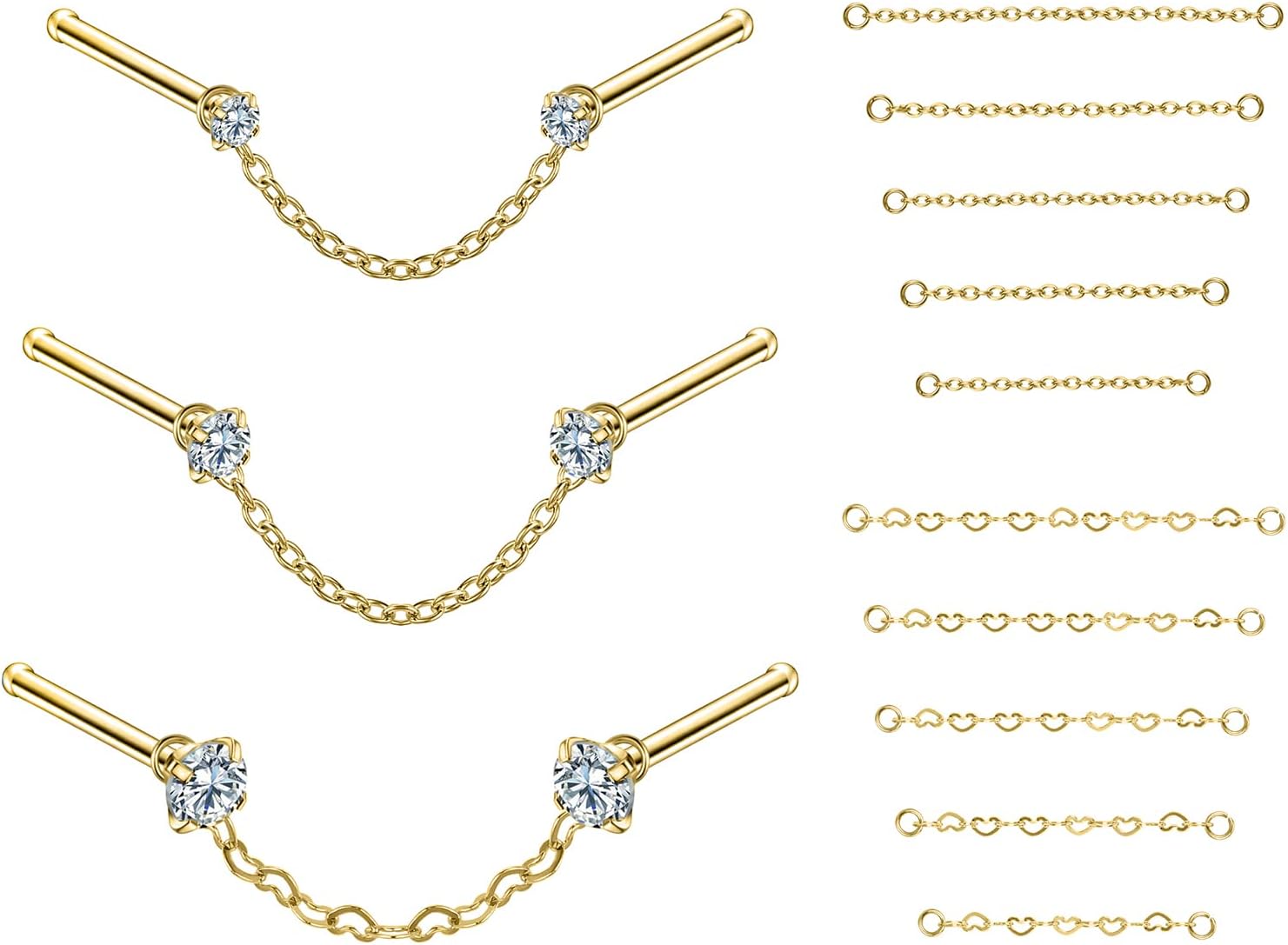 CZ Studs with Chain Surgical Steel Nose Piercing Jewelry - QIAO CrystalQIAO CrystalQIAO Crystal