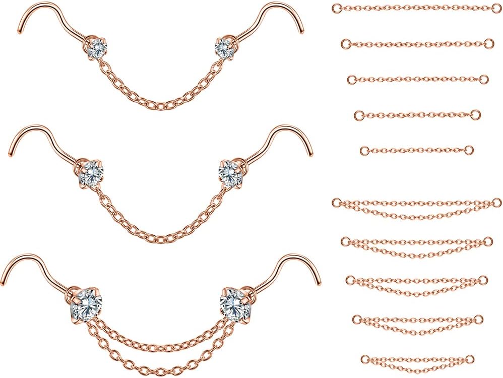 CZ Studs with Chain Surgical Steel Nose Piercing Jewelry - QIAO CrystalQIAO CrystalQIAO Crystal