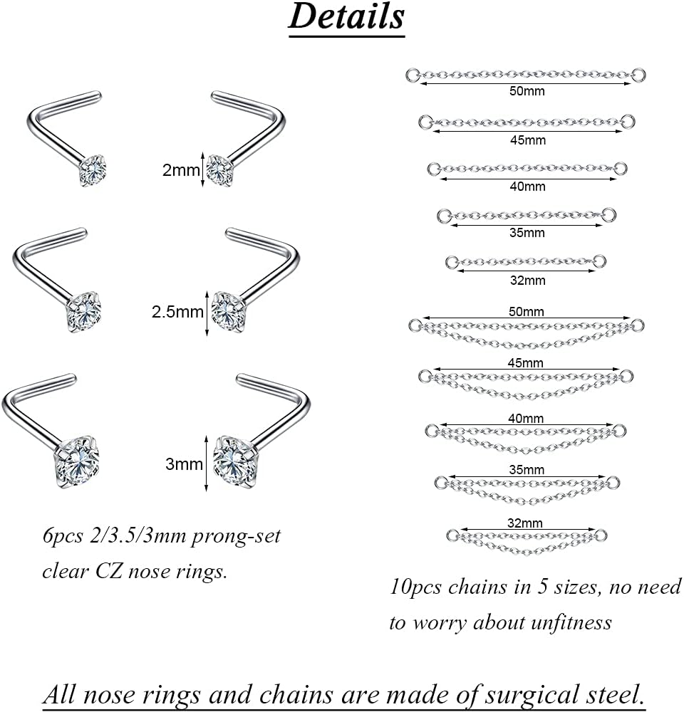 CZ Studs with Chain Surgical Steel Nose Piercing Jewelry - QIAO CrystalQIAO CrystalQIAO Crystal