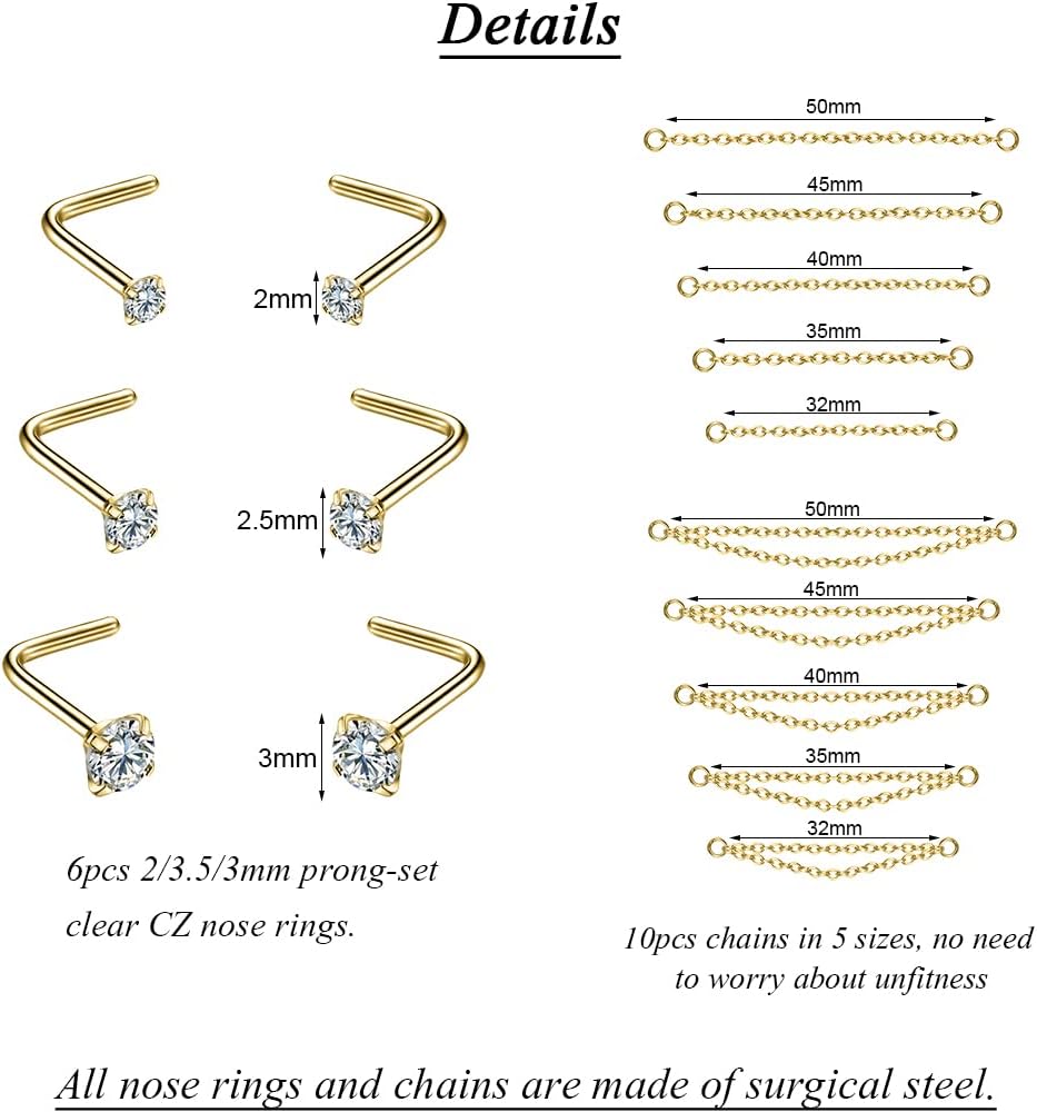 CZ Studs with Chain Surgical Steel Nose Piercing Jewelry - QIAO CrystalQIAO CrystalQIAO Crystal