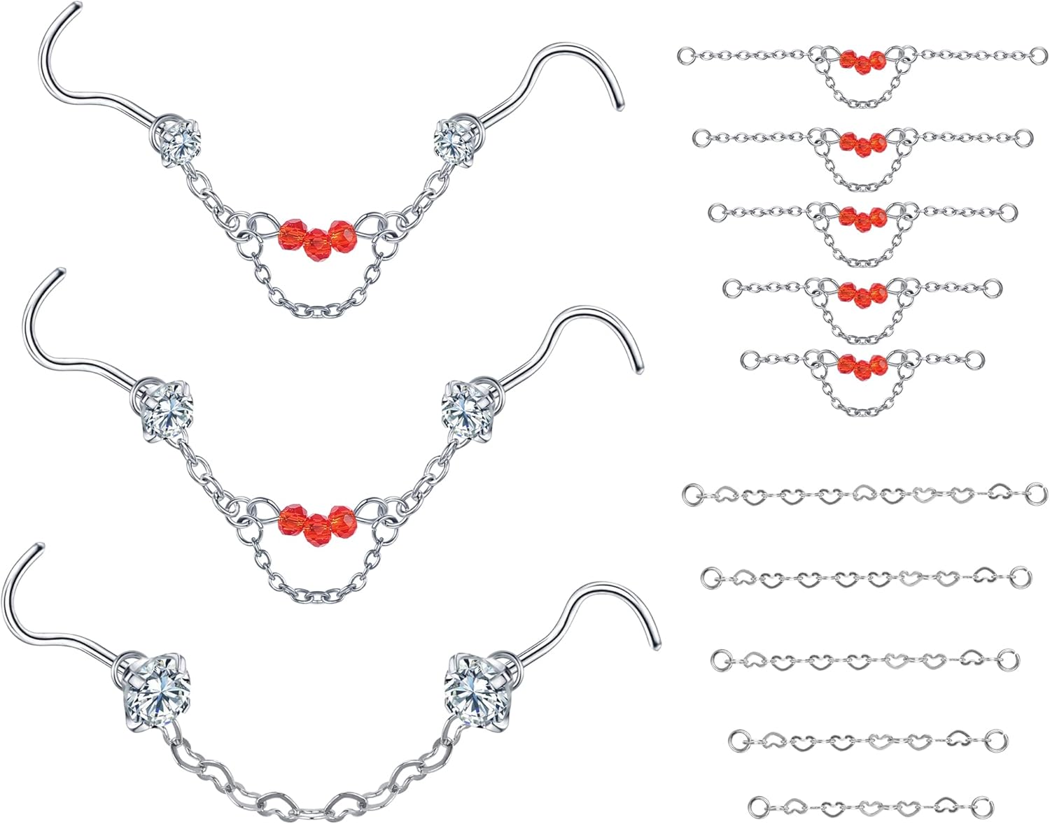 CZ Studs with Chain Surgical Steel Nose Piercing Jewelry - QIAO CrystalQIAO CrystalQIAO Crystal