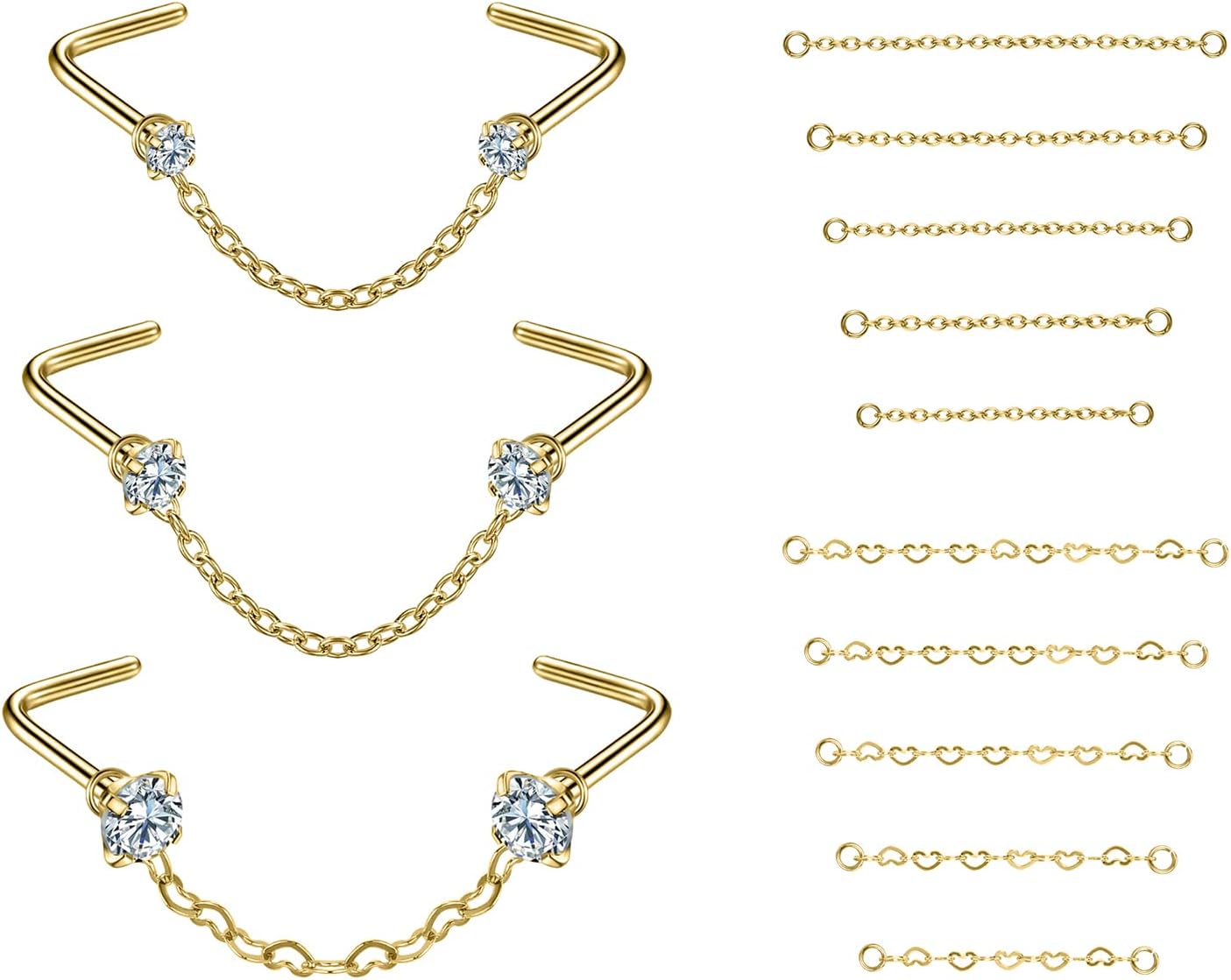 CZ Studs with Chain Surgical Steel Nose Piercing Jewelry - QIAO CrystalQIAO CrystalQIAO Crystal