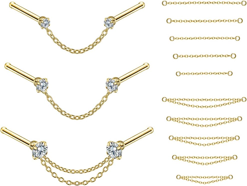 CZ Studs with Chain Surgical Steel Nose Piercing Jewelry - QIAO CrystalQIAO CrystalQIAO Crystal