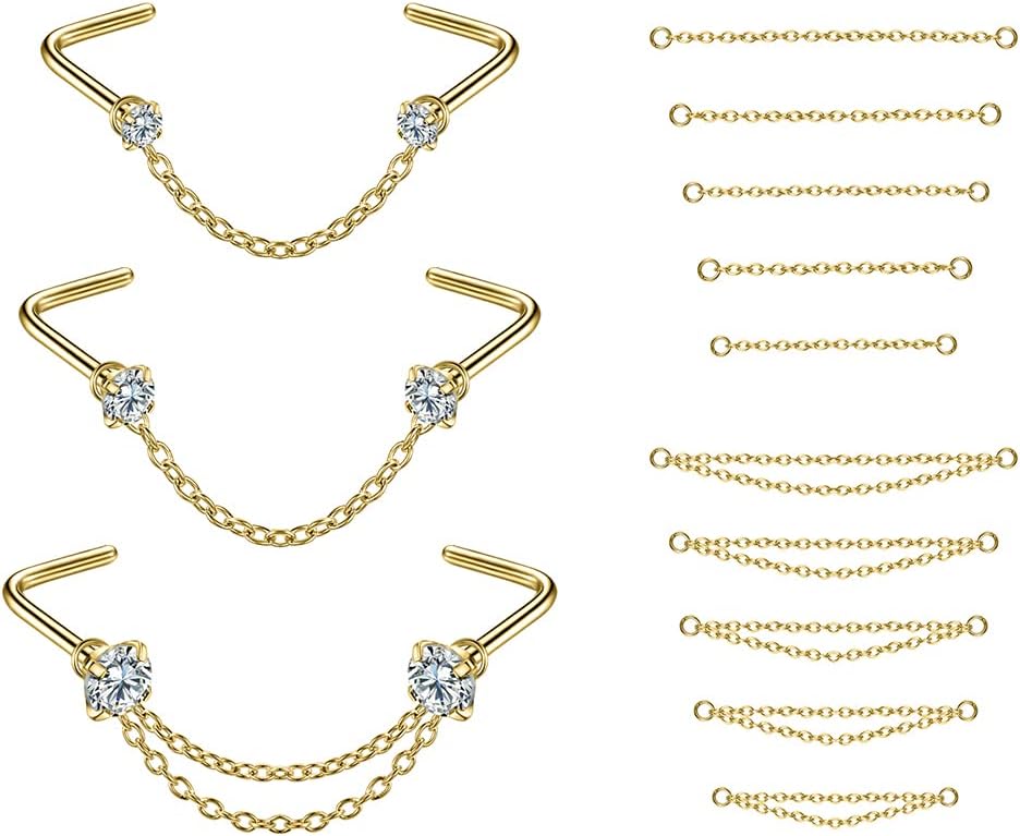 CZ Studs with Chain Surgical Steel Nose Piercing Jewelry - QIAO CrystalQIAO CrystalQIAO Crystal