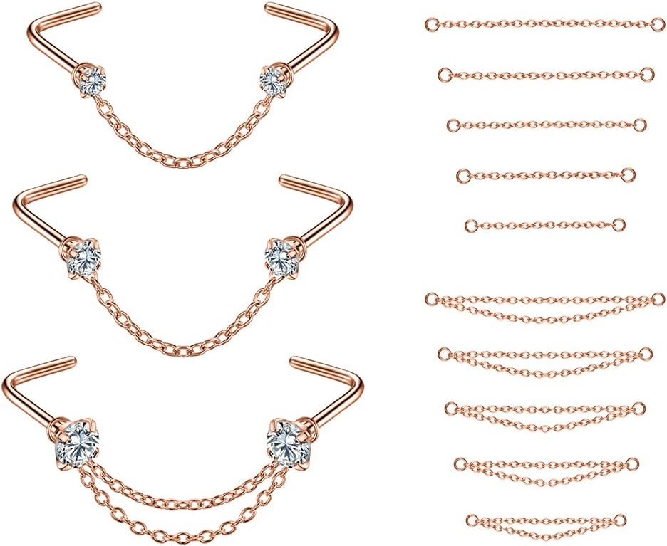 CZ Studs with Chain Surgical Steel Nose Piercing Jewelry - QIAO CrystalQIAO CrystalQIAO Crystal