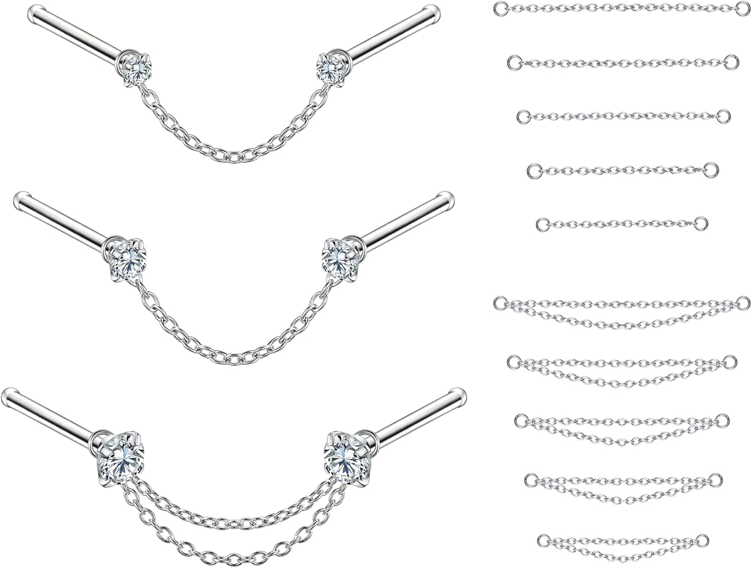 CZ Studs with Chain Surgical Steel Nose Piercing Jewelry - QIAO CrystalQIAO CrystalQIAO Crystal