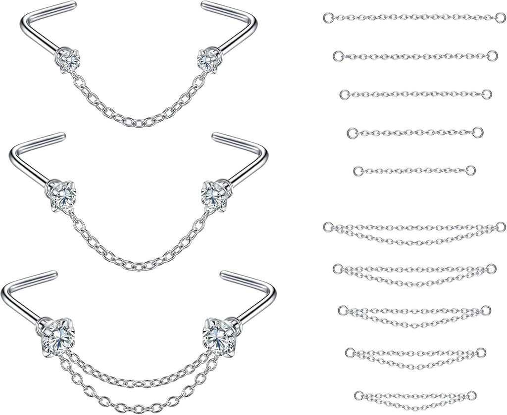 CZ Studs with Chain Surgical Steel Nose Piercing Jewelry - QIAO CrystalQIAO CrystalQIAO Crystal