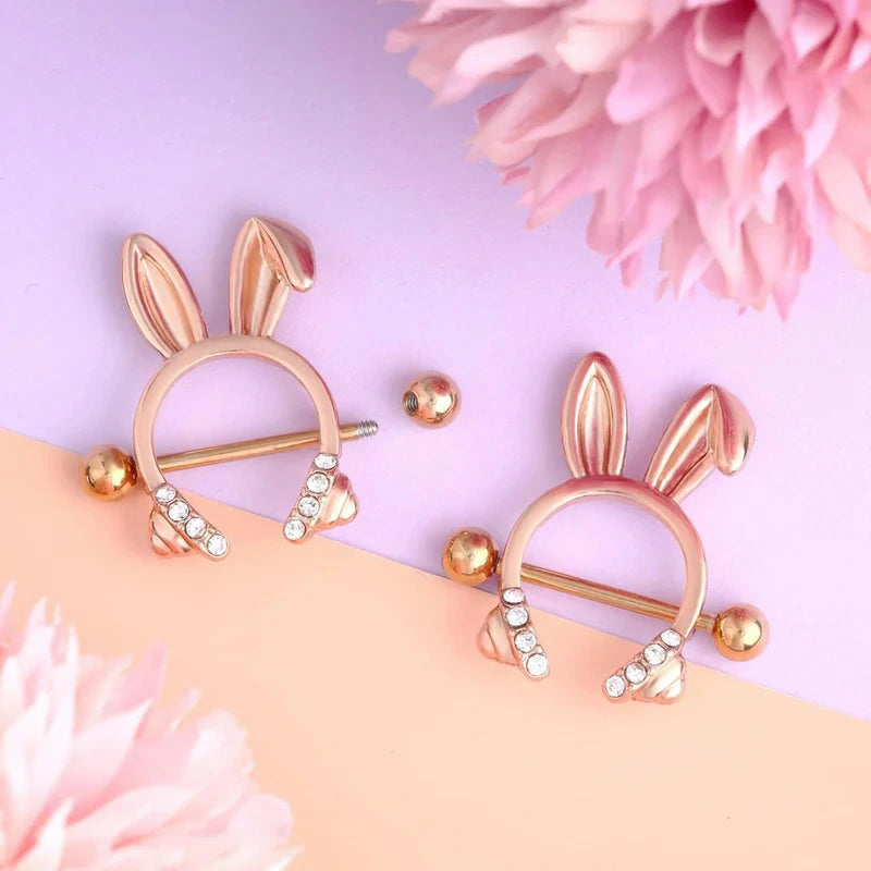 Dainty Rabbit Nipple Rings 14G Rosy Bunny Ear Clear CZ Nipple Piercing Barbell Surgical Steel