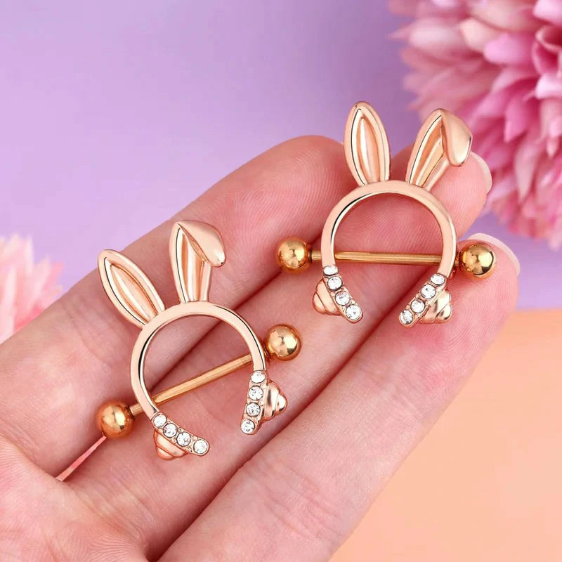 Dainty Rabbit Nipple Rings 14G Rosy Bunny Ear Clear CZ Nipple Piercing Barbell Surgical Steel