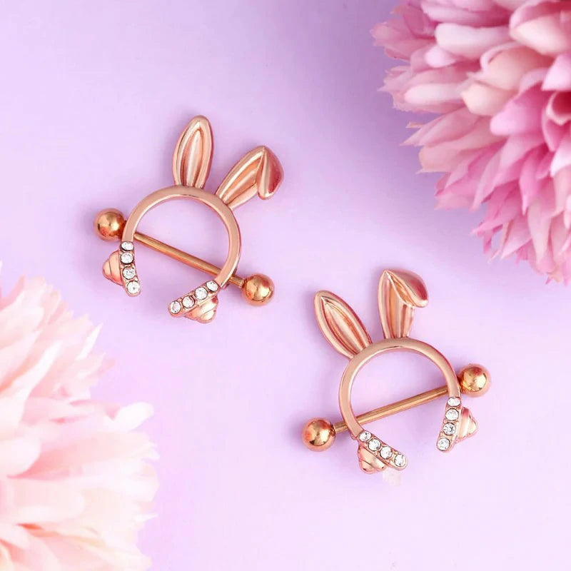 Dainty Rabbit Nipple Rings 14G Rosy Bunny Ear Clear CZ Nipple Piercing Barbell Surgical Steel