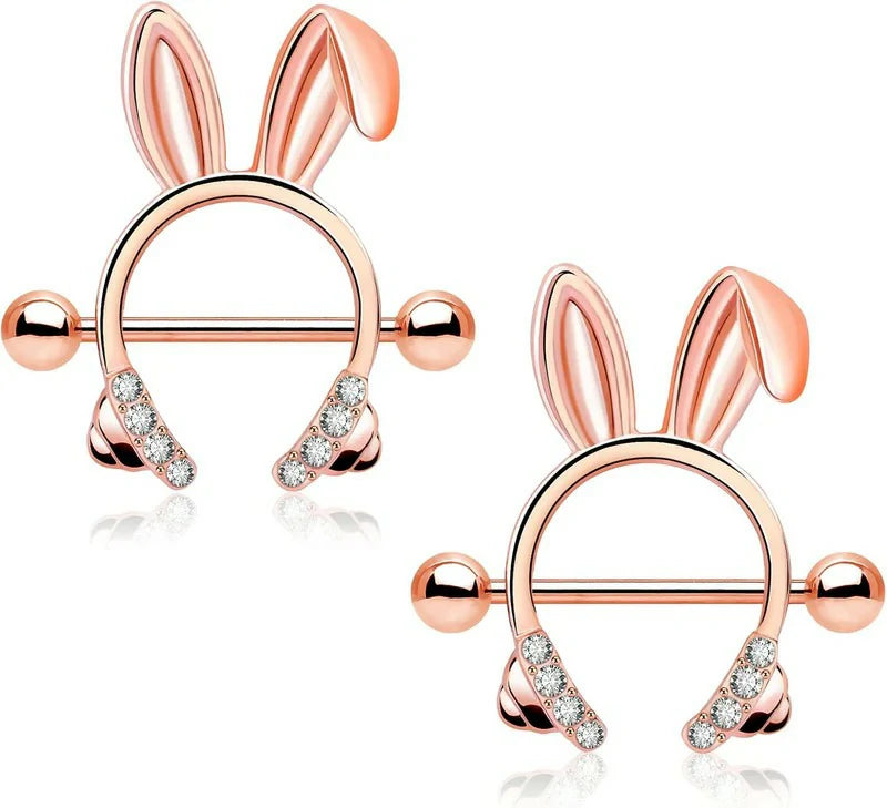 Dainty Rabbit Nipple Rings 14G Rosy Bunny Ear Clear CZ Nipple Piercing Barbell Surgical Steel
