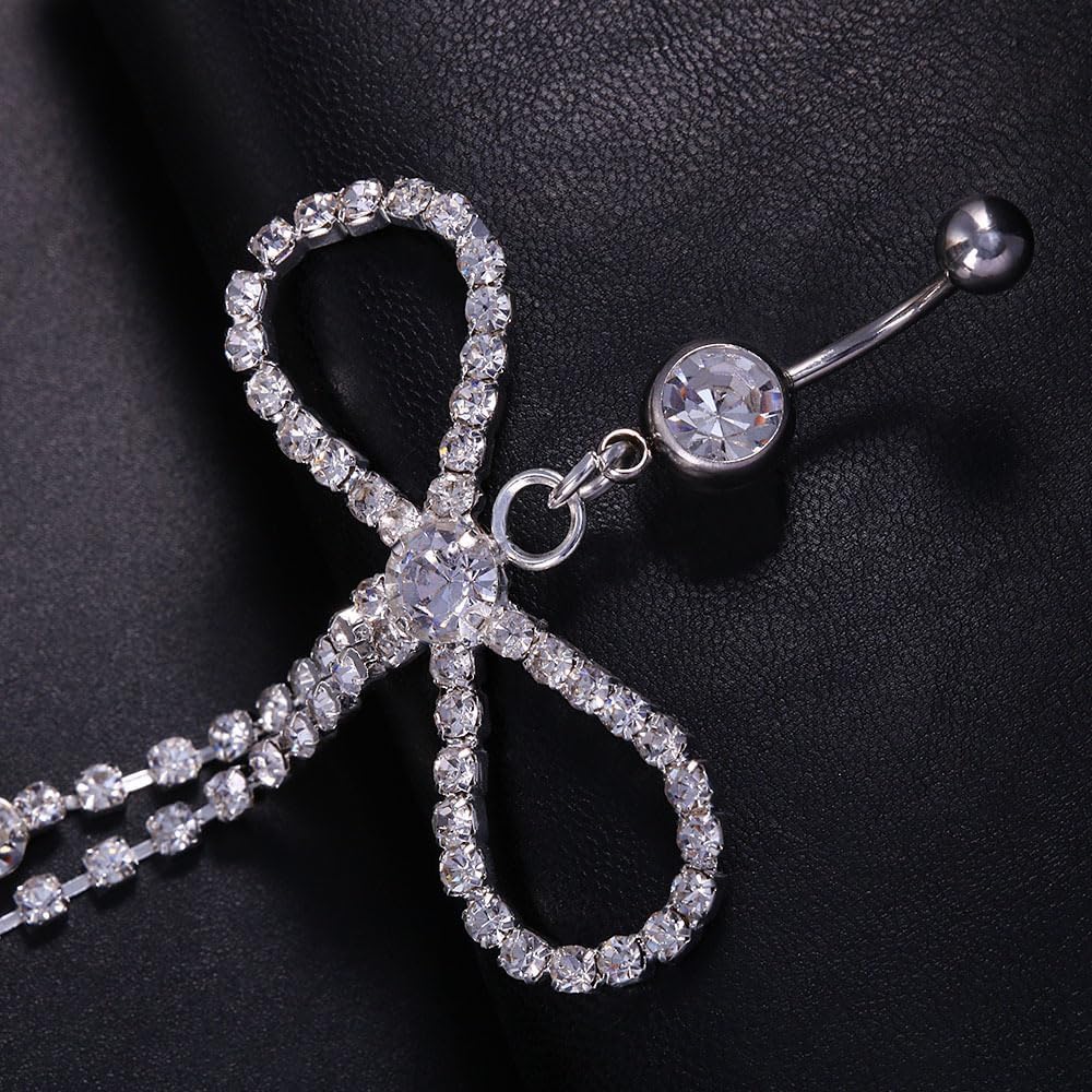 Dainty Rhinestone Bow Dangle Navel Ring for Women Fashion Statement Long Tassel Bowknot Crystal Drop Belly Button Rings Silver Sparkly CZ Barbell Stud Sexy Body Piercing Jewelry - QIAO CrystalQIAO CrystalQIAO Crystal