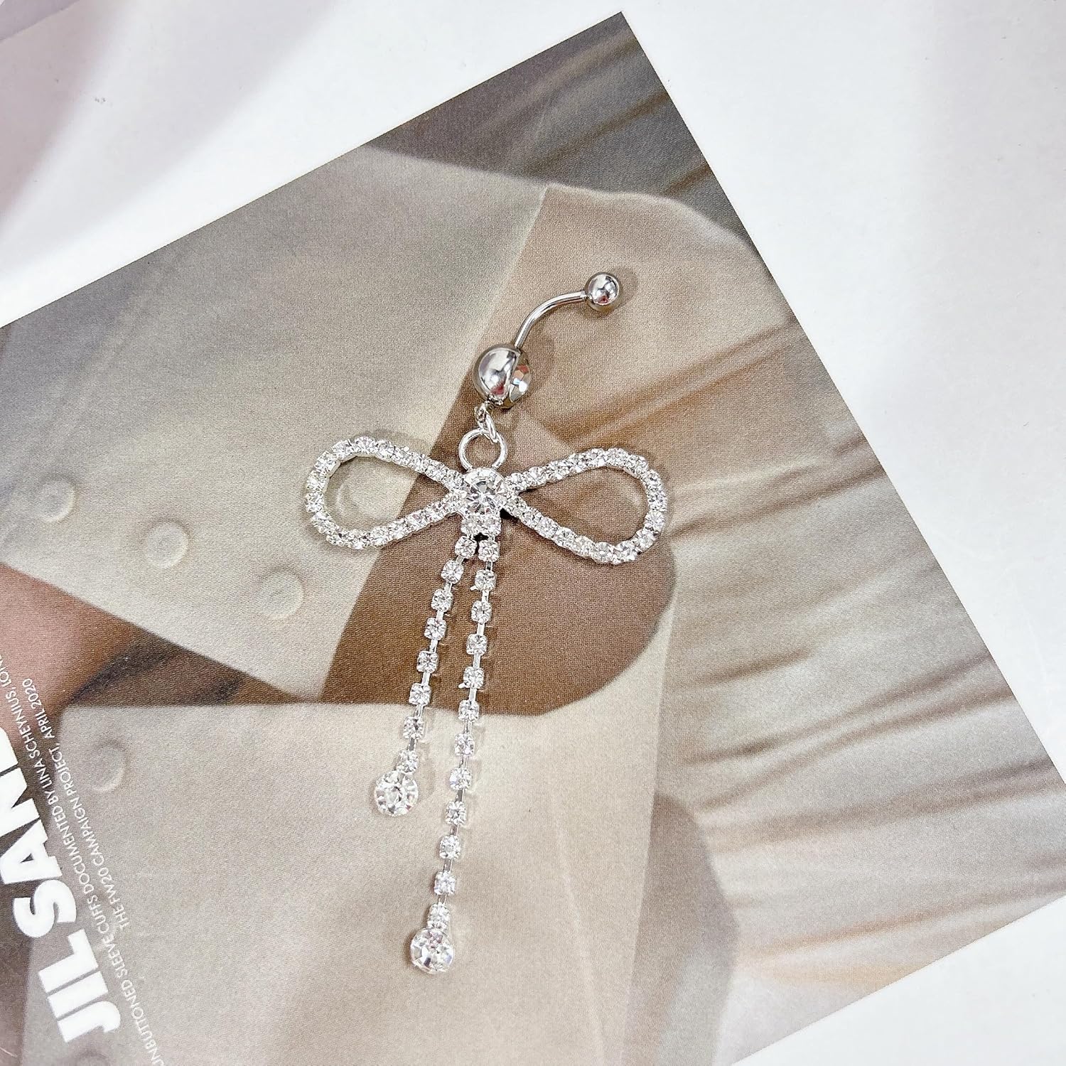 Dainty Rhinestone Bow Dangle Navel Ring for Women Fashion Statement Long Tassel Bowknot Crystal Drop Belly Button Rings Silver Sparkly CZ Barbell Stud Sexy Body Piercing Jewelry - QIAO CrystalQIAO CrystalQIAO Crystal