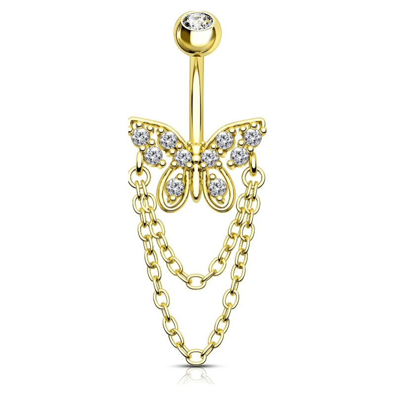 Dangle Belly Button Rings - 14G Gold Butterfly Navel Rings for Women - Stainless Steel Piercing Jewelry - QIAO Crystal我的商店QIAO Crystal