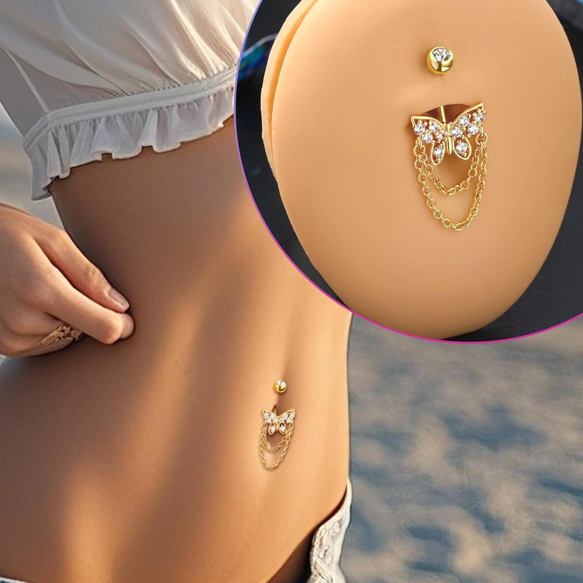 Dangle Belly Button Rings - 14G Gold Butterfly Navel Rings for Women - Stainless Steel Piercing Jewelry - 我的商店我的商店我的商店