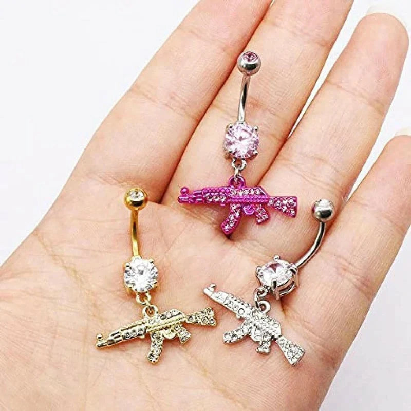 Dangle Navel Ring Clear Gem Gun Belly Button Ring Body Piercing Jewelry