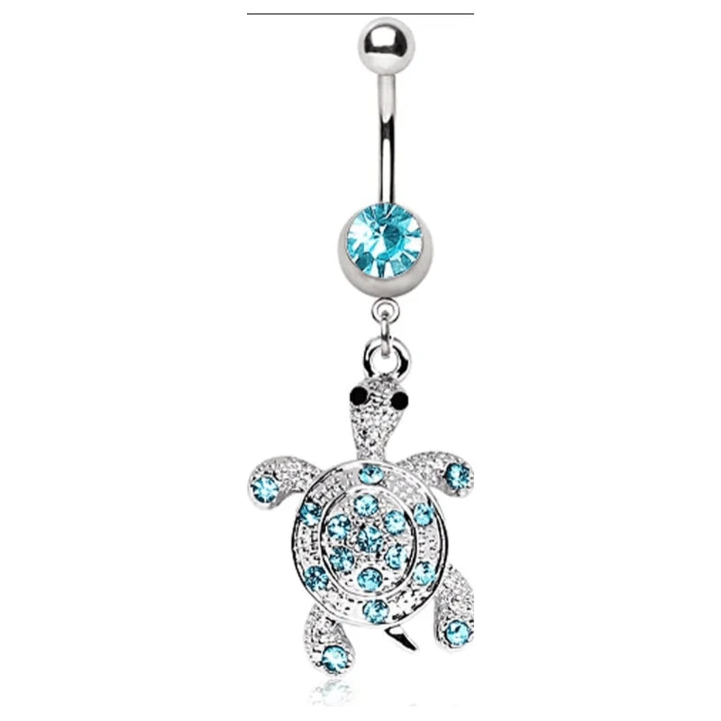 Dangling Turtle with Aqua Gem Belly Button Ring in 316L Stainless Steel with CZ Crystal Accents