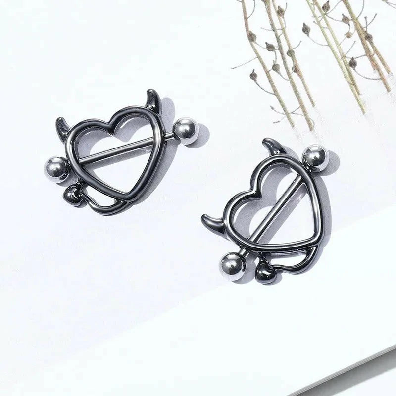 Devil Heart Nipple Rings - Surgical Steel Piercing Barbell Shield Cover Hoops