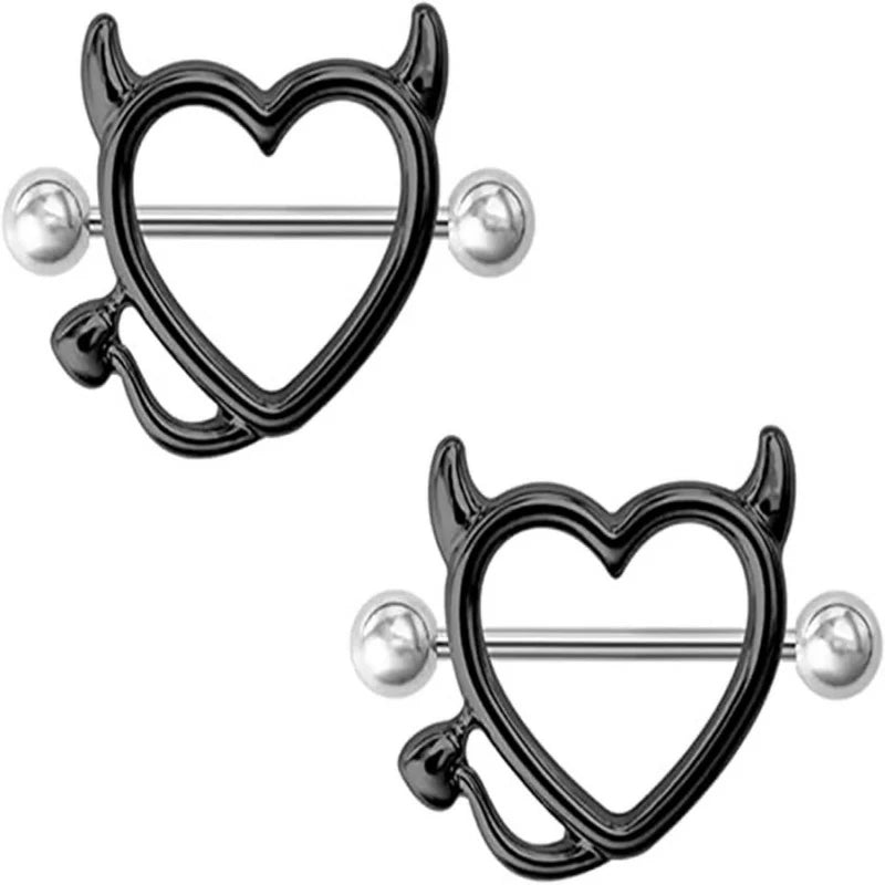 Devil Heart Nipple Rings - Surgical Steel Piercing Barbell Shield Cover Hoops