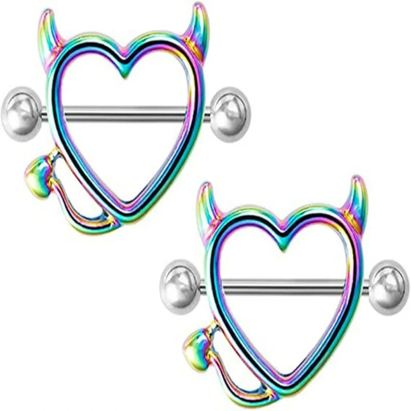 Devil Heart Nipple Rings - Surgical Steel Piercing Barbell Shield Cover Hoops