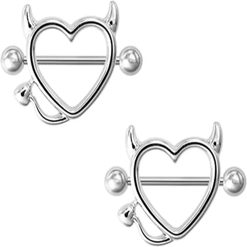Devil Heart Nipple Rings - Surgical Steel Piercing Barbell Shield Cover Hoops