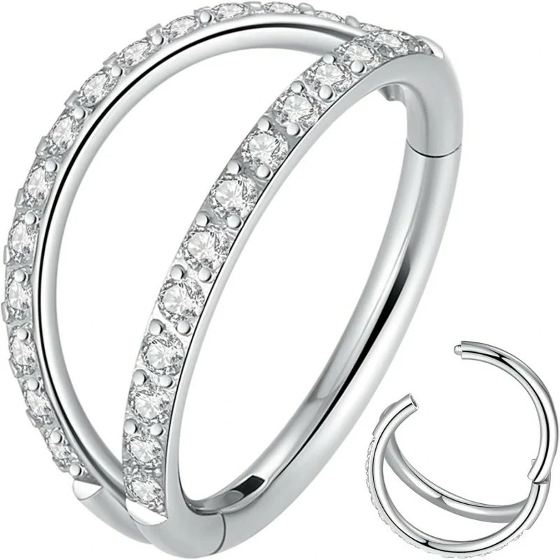 Double Open Stack CZ Nose Ring Hoop 316L Surgical Steel Helix Rook Conch Cartilage Daith Tragus Earrings