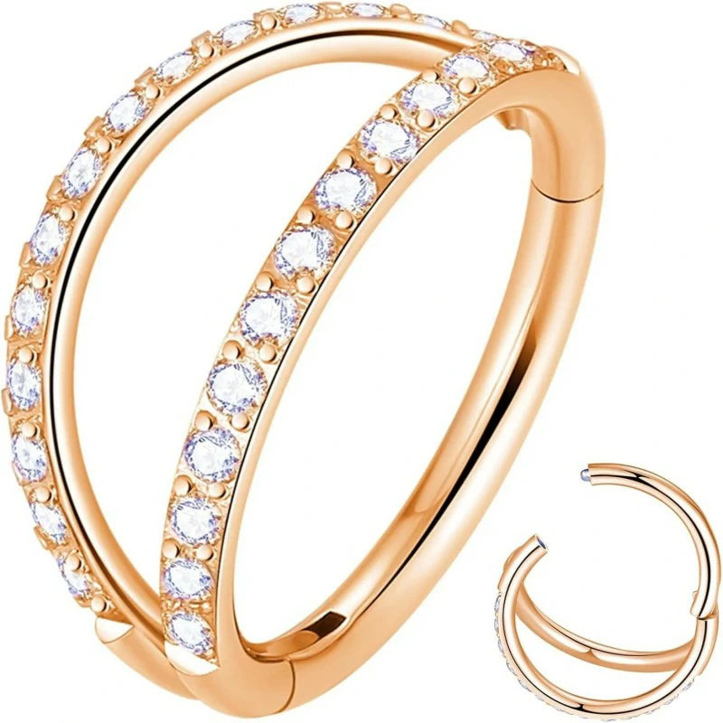 Double Open Stack CZ Nose Ring Hoop 316L Surgical Steel Helix Rook Conch Cartilage Daith Tragus Earrings