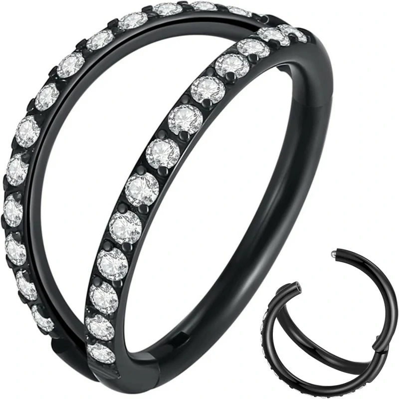 Double Open Stack CZ Nose Ring Hoop 316L Surgical Steel Helix Rook Conch Cartilage Daith Tragus Earrings