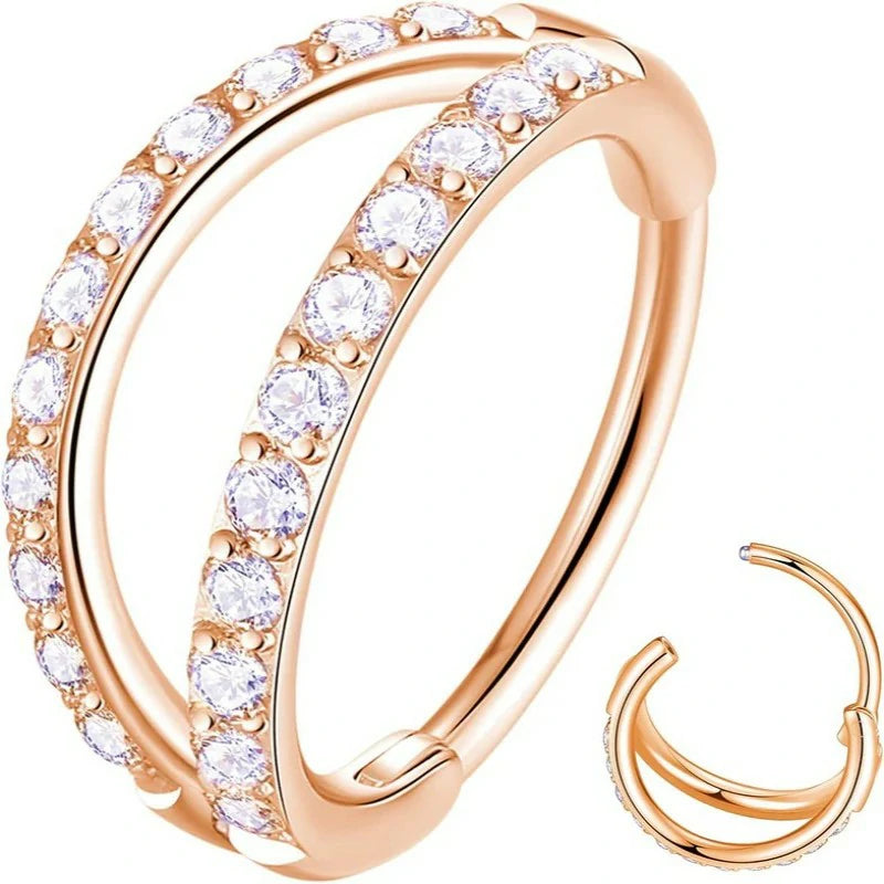Double Open Stack CZ Nose Ring Hoop 316L Surgical Steel Helix Rook Conch Cartilage Daith Tragus Earrings
