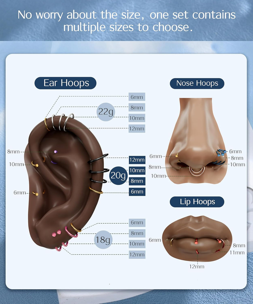 Drperfect 18/20/22G 36PCS 316L Stainless Steel Nose Rings Hoops Nose Piercing Jewelry for Women Men Colored Hoop Nose Ring 6mm 8mm 10mm 12mm - QIAO CrystalQIAO CrystalQIAO Crystal