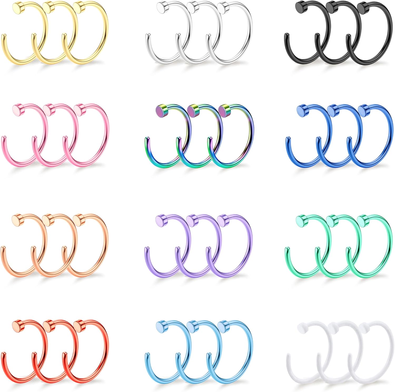 Drperfect 18/20/22G 36PCS 316L Stainless Steel Nose Rings Hoops Nose Piercing Jewelry for Women Men Colored Hoop Nose Ring 6mm 8mm 10mm 12mm - QIAO CrystalQIAO CrystalQIAO Crystal