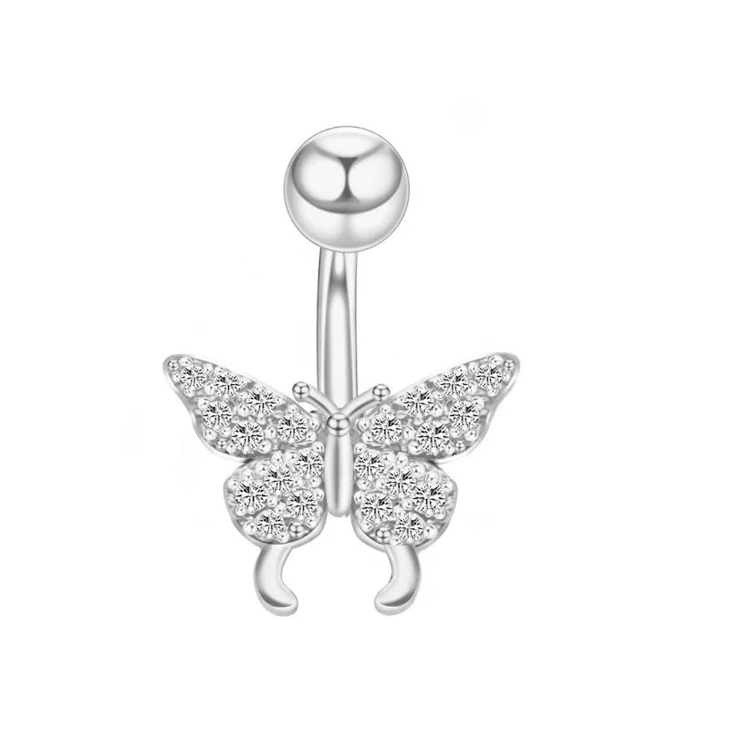 European and American fashion 1.6mm thick stainless steel rod double diamond heart - shaped head inlaid with zircon navel piercing jewelry - QIAO CrystalQIAO CrystalQIAO Crystal