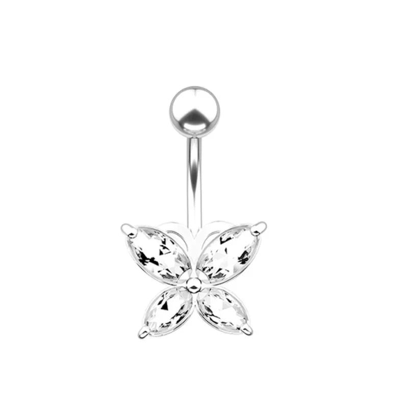 European and American fashion 1.6mm thick stainless steel rod double diamond heart - shaped head inlaid with zircon navel piercing jewelry - QIAO CrystalQIAO CrystalQIAO Crystal